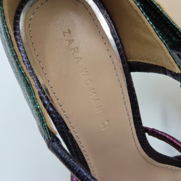 Zara Womens 6.5 US 37 Multiolor Rainbow Mermaid Strappy Snakeskin Heel Sandals - Picture 8 of 11